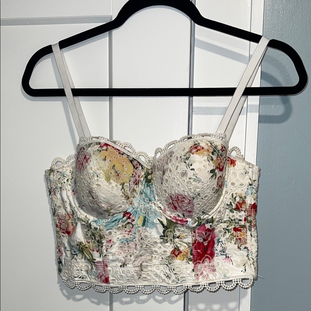 Floral Lace Bustier Crop Top in Cream and Multicolor Floral